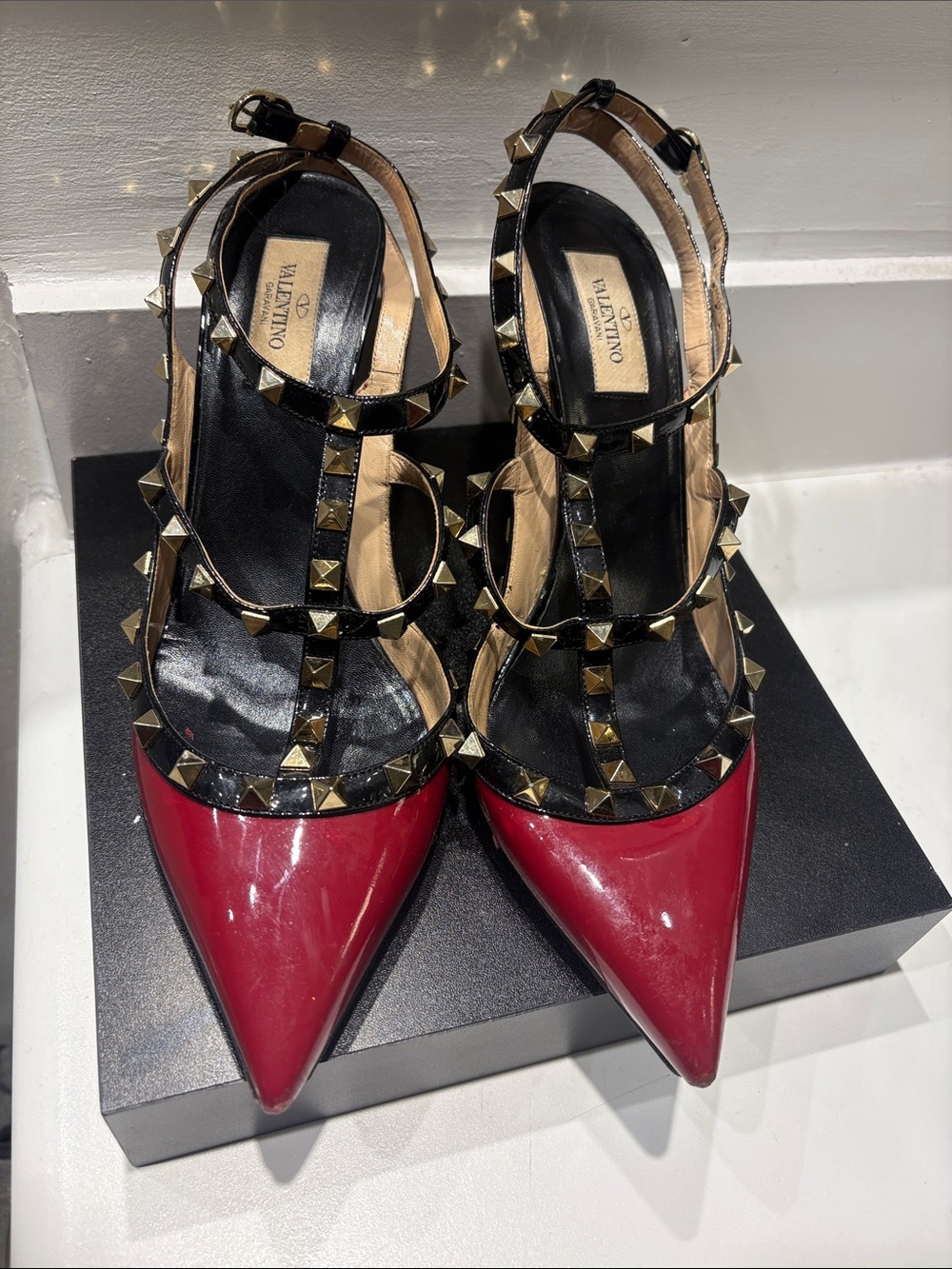 Valentino Rockstud Pointed Slingback Pumps in Red and Black